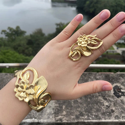 Luxury Dubai Gold Plated Bracelet Ring Copper Cuff Flower Bangle Italy France Women Adjustable Ring Exquisite Wedding Jewelry - CHRISTDEST GLOBAL SERVICE