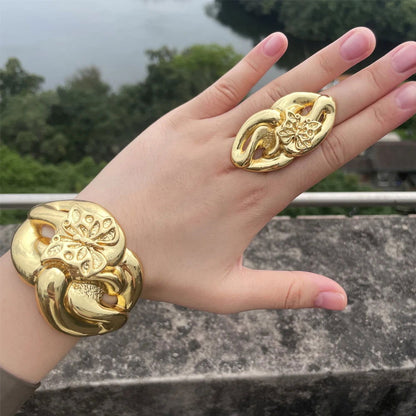 Luxury Dubai Gold Plated Bracelet Ring Copper Cuff Flower Bangle Italy France Women Adjustable Ring Exquisite Wedding Jewelry - CHRISTDEST GLOBAL SERVICE