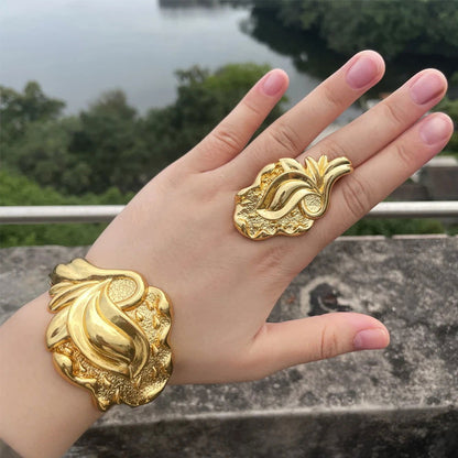 Luxury Dubai Gold Plated Bracelet Ring Copper Cuff Flower Bangle Italy France Women Adjustable Ring Exquisite Wedding Jewelry - CHRISTDEST GLOBAL SERVICE