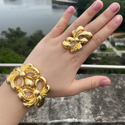 Luxury Dubai Gold Plated Bracelet Ring Copper Cuff Flower Bangle Italy France Women Adjustable Ring Exquisite Wedding Jewelry - CHRISTDEST GLOBAL SERVICE