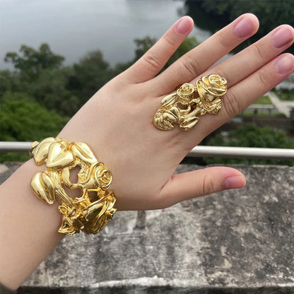 Luxury Dubai Gold Plated Bracelet Ring Copper Cuff Flower Bangle Italy France Women Adjustable Ring Exquisite Wedding Jewelry - CHRISTDEST GLOBAL SERVICE