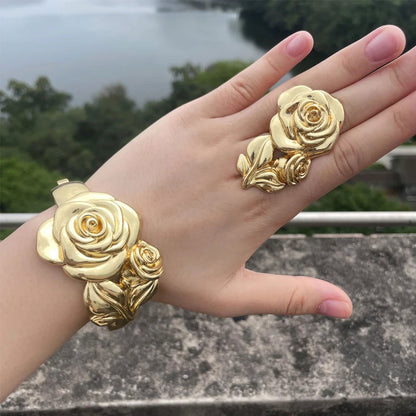 Luxury Dubai Gold Plated Bracelet Ring Copper Cuff Flower Bangle Italy France Women Adjustable Ring Exquisite Wedding Jewelry - CHRISTDEST GLOBAL SERVICE