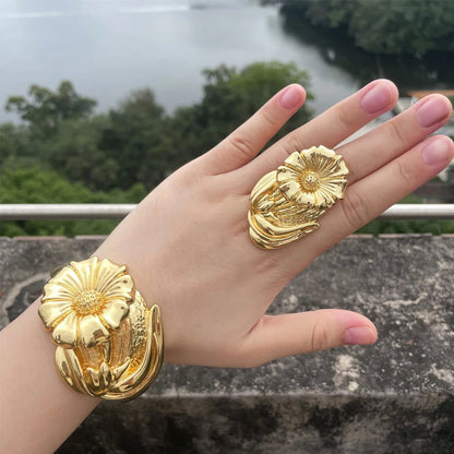 Luxury Dubai Gold Plated Bracelet Ring Copper Cuff Flower Bangle Italy France Women Adjustable Ring Exquisite Wedding Jewelry - CHRISTDEST GLOBAL SERVICE