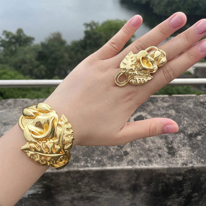 Luxury Dubai Gold Plated Bracelet Ring Copper Cuff Flower Bangle Italy France Women Adjustable Ring Exquisite Wedding Jewelry - CHRISTDEST GLOBAL SERVICE