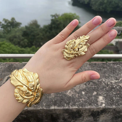 Luxury Dubai Gold Plated Bracelet Ring Copper Cuff Flower Bangle Italy France Women Adjustable Ring Exquisite Wedding Jewelry - CHRISTDEST GLOBAL SERVICE