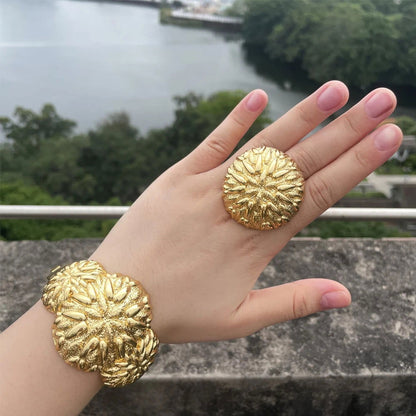 Luxury Dubai Gold Plated Bracelet Ring Copper Cuff Flower Bangle Italy France Women Adjustable Ring Exquisite Wedding Jewelry - CHRISTDEST GLOBAL SERVICE