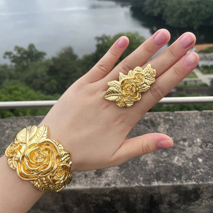 Luxury Dubai Gold Plated Bracelet Ring Copper Cuff Flower Bangle Italy France Women Adjustable Ring Exquisite Wedding Jewelry - CHRISTDEST GLOBAL SERVICE