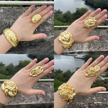 Luxury Dubai Gold Plated Bracelet Ring Copper Cuff Flower Bangle Italy France Women Adjustable Ring Exquisite Wedding Jewelry - CHRISTDEST GLOBAL SERVICE