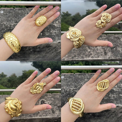 Luxury Dubai Gold Plated Bracelet Ring Copper Cuff Flower Bangle Italy France Women Adjustable Ring Exquisite Wedding Jewelry - CHRISTDEST GLOBAL SERVICE