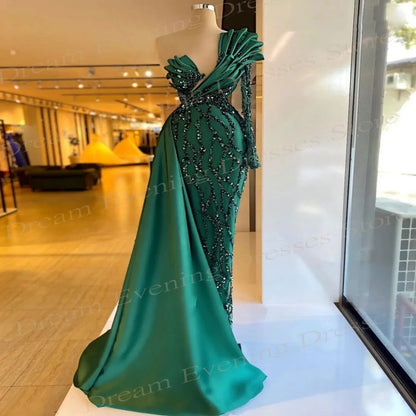 Luxury Sequins Green Mermaid Modern Evening Dresses One Shoulder Sweetheart Prom Gowns Beading Satin Frill Celebrity Custom 2024 - CHRISTDEST GLOBAL SERVICE