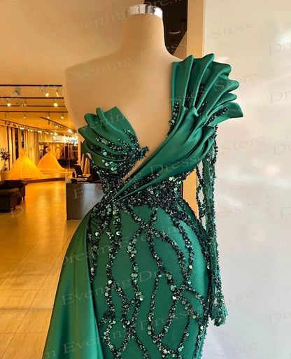 Luxury Sequins Green Mermaid Modern Evening Dresses One Shoulder Sweetheart Prom Gowns Beading Satin Frill Celebrity Custom 2024 - CHRISTDEST GLOBAL SERVICE