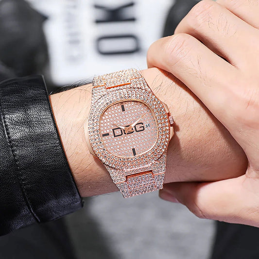 Man's Watch Luxury Full Star Diamonds Calendar Quartz Watches Fashion Rose Gold Stainless Steel Male Hip Hop Large Dial Clock - CHRISTDEST GLOBAL SERVICE