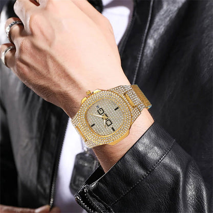 Man's Watch Luxury Full Star Diamonds Calendar Quartz Watches Fashion Rose Gold Stainless Steel Male Hip Hop Large Dial Clock - CHRISTDEST GLOBAL SERVICE