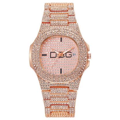 Man's Watch Luxury Full Star Diamonds Calendar Quartz Watches Fashion Rose Gold Stainless Steel Male Hip Hop Large Dial Clock - CHRISTDEST GLOBAL SERVICE