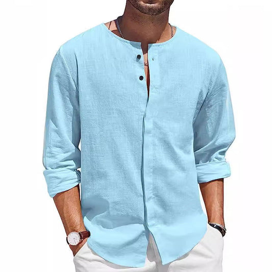 Men's Cotton Linen T-shirt Collar Decorated With Buttons Casual Beach Shirt - CHRISTDEST GLOBAL SERVICE