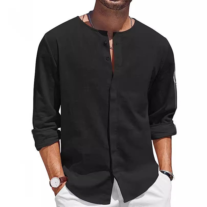 Men's Cotton Linen T-shirt Collar Decorated With Buttons Casual Beach Shirt - CHRISTDEST GLOBAL SERVICE