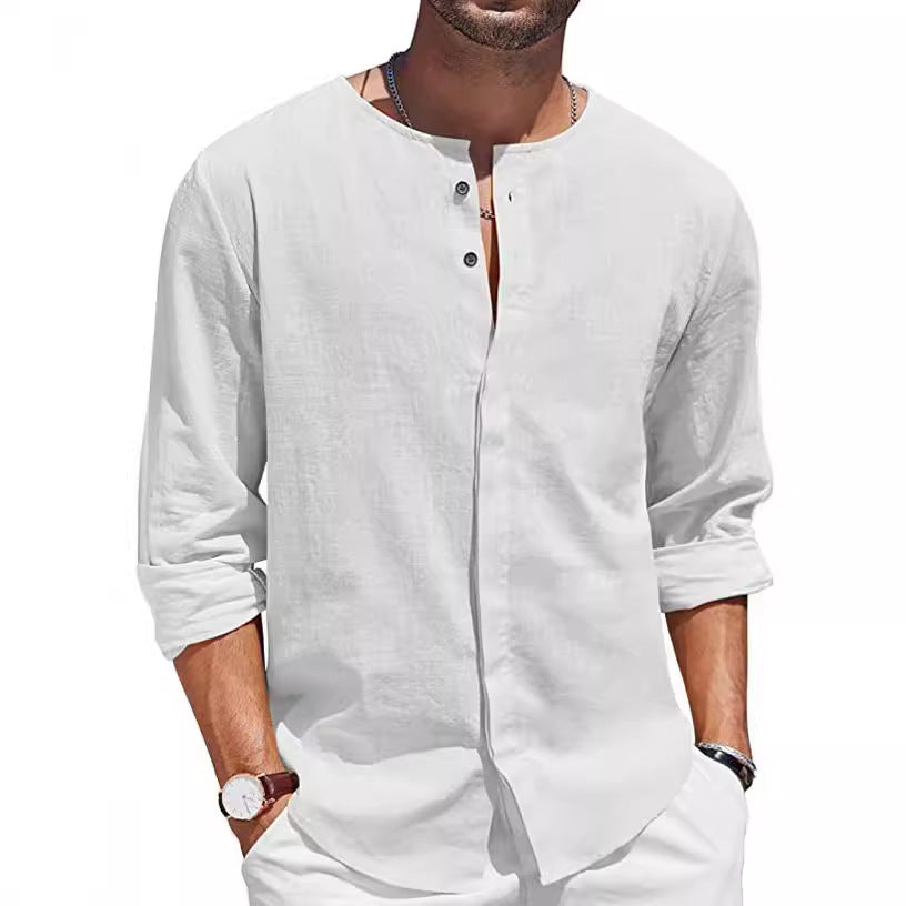 Men's Cotton Linen T-shirt Collar Decorated With Buttons Casual Beach Shirt - CHRISTDEST GLOBAL SERVICE