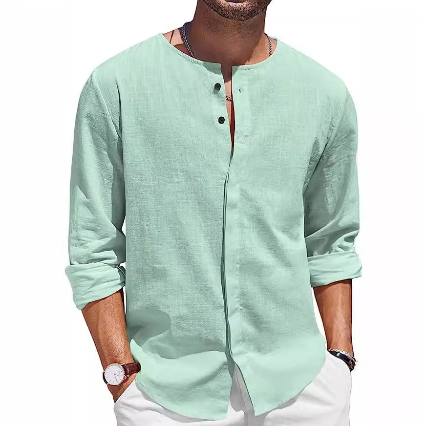 Men's Cotton Linen T-shirt Collar Decorated With Buttons Casual Beach Shirt - CHRISTDEST GLOBAL SERVICE