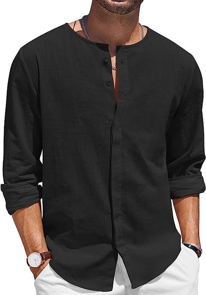 Men's Cotton Linen T-shirt Collar Decorated With Buttons Casual Beach Shirt - CHRISTDEST GLOBAL SERVICE