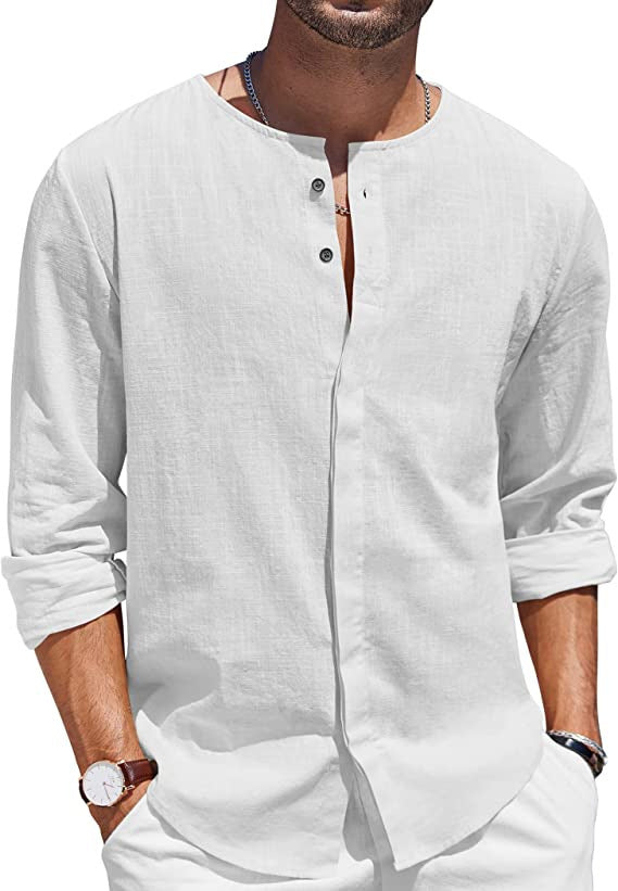 Men's Cotton Linen T-shirt Collar Decorated With Buttons Casual Beach Shirt - CHRISTDEST GLOBAL SERVICE
