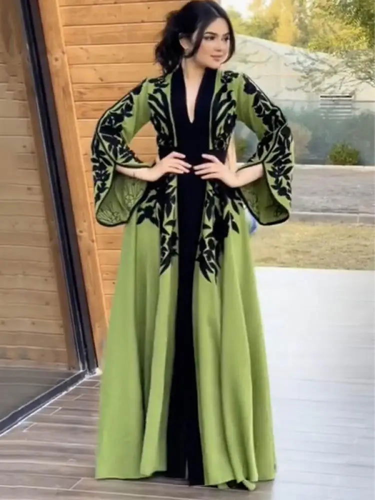 Modogirl Elegant Muslim Robe Appliques A-Line Evening Maxi Dresses Women Tied Waist V-Neck Flared Sleeves Dress - CHRISTDEST GLOBAL SERVICE