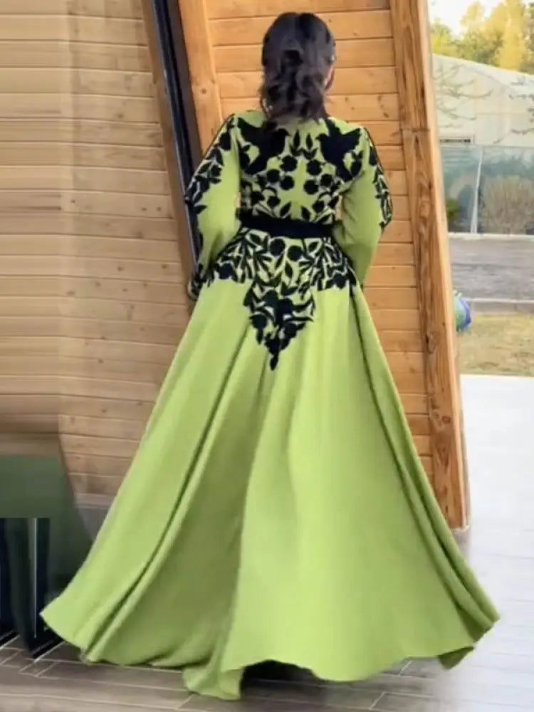 Modogirl Elegant Muslim Robe Appliques A-Line Evening Maxi Dresses Women Tied Waist V-Neck Flared Sleeves Dress - CHRISTDEST GLOBAL SERVICE