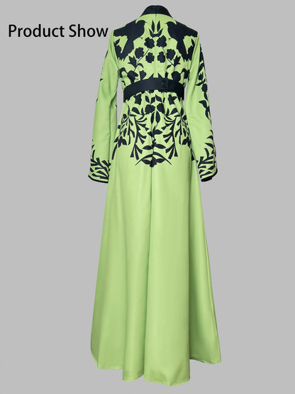 Modogirl Elegant Muslim Robe Appliques A-Line Evening Maxi Dresses Women Tied Waist V-Neck Flared Sleeves Dress - CHRISTDEST GLOBAL SERVICE