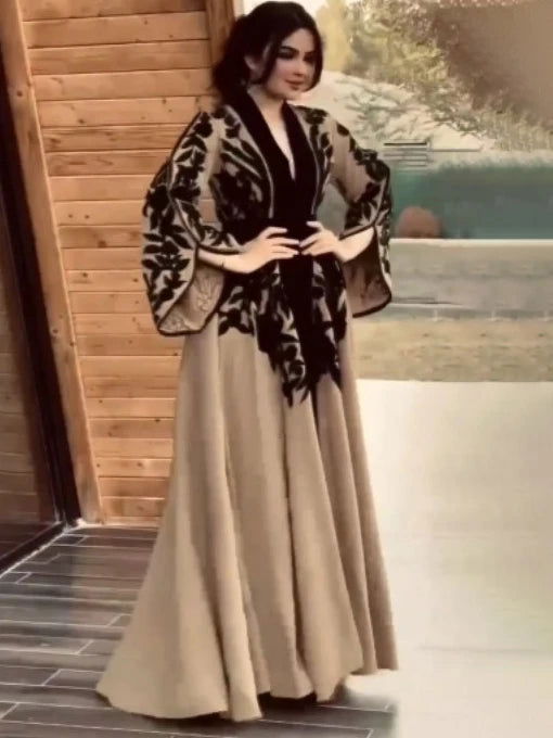 Modogirl Elegant Muslim Robe Appliques A-Line Evening Maxi Dresses Women Tied Waist V-Neck Flared Sleeves Dress - CHRISTDEST GLOBAL SERVICE