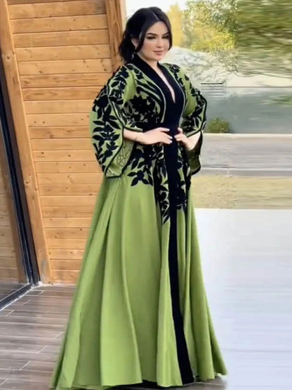Modogirl Elegant Muslim Robe Appliques A-Line Evening Maxi Dresses Women Tied Waist V-Neck Flared Sleeves Dress - CHRISTDEST GLOBAL SERVICE