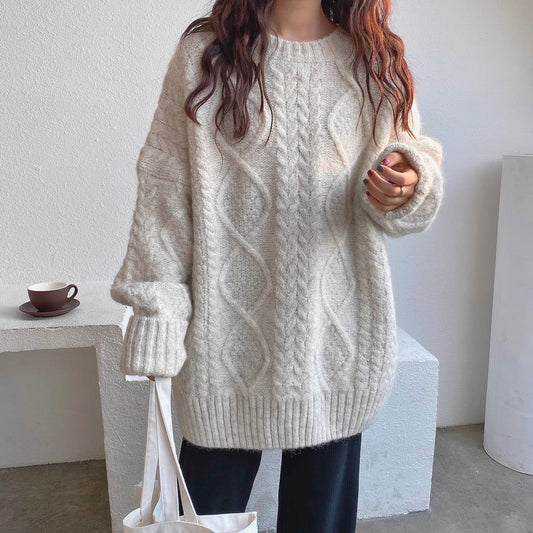 Mohair Sweater For Women For Autumn And Winter Outer Wear Thickened Loose Cozy Style Pullover Mid-length Twist Knitted Sweater - CHRISTDEST GLOBAL SERVICE
