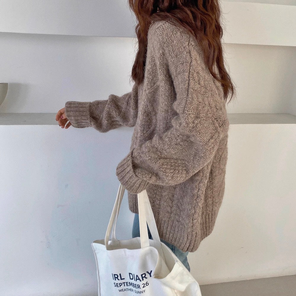 Mohair Sweater For Women For Autumn And Winter Outer Wear Thickened Loose Cozy Style Pullover Mid-length Twist Knitted Sweater - CHRISTDEST GLOBAL SERVICE