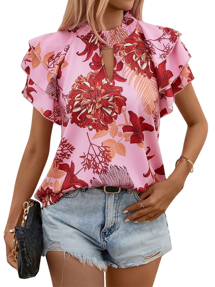New European and American summer women's clothing lotus leaf layered sleeve printed shirt for women - CHRISTDEST GLOBAL SERVICE