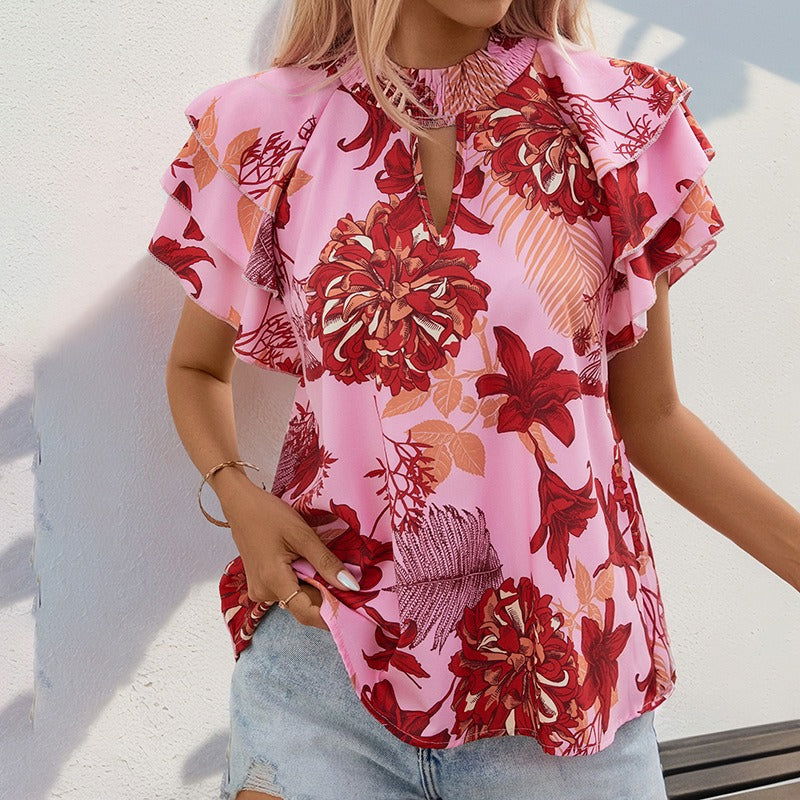 New European and American summer women's clothing lotus leaf layered sleeve printed shirt for women - CHRISTDEST GLOBAL SERVICE
