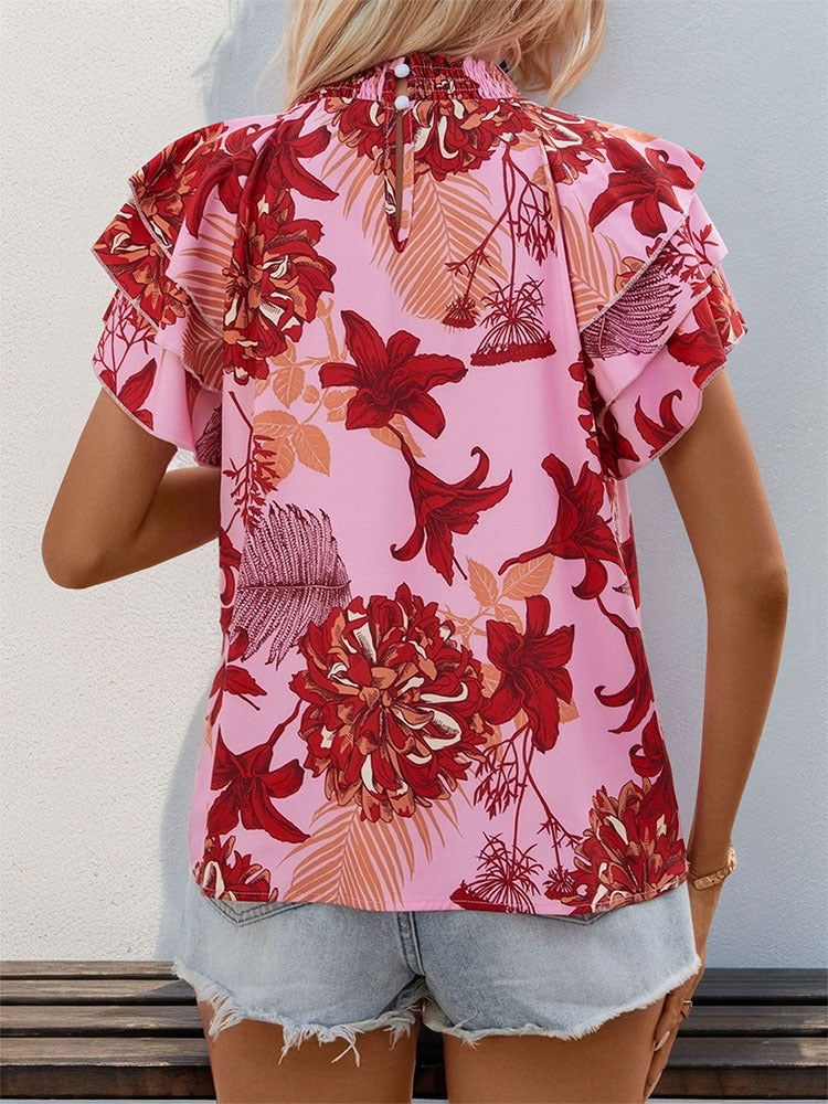 New European and American summer women's clothing lotus leaf layered sleeve printed shirt for women - CHRISTDEST GLOBAL SERVICE