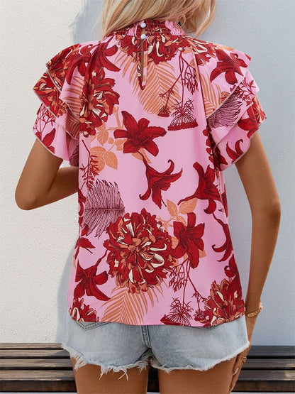 New European and American summer women's clothing lotus leaf layered sleeve printed shirt for women - CHRISTDEST GLOBAL SERVICE