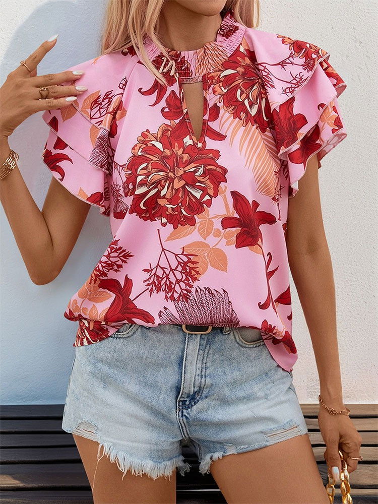 New European and American summer women's clothing lotus leaf layered sleeve printed shirt for women - CHRISTDEST GLOBAL SERVICE