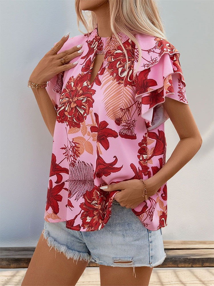 New European and American summer women's clothing lotus leaf layered sleeve printed shirt for women - CHRISTDEST GLOBAL SERVICE