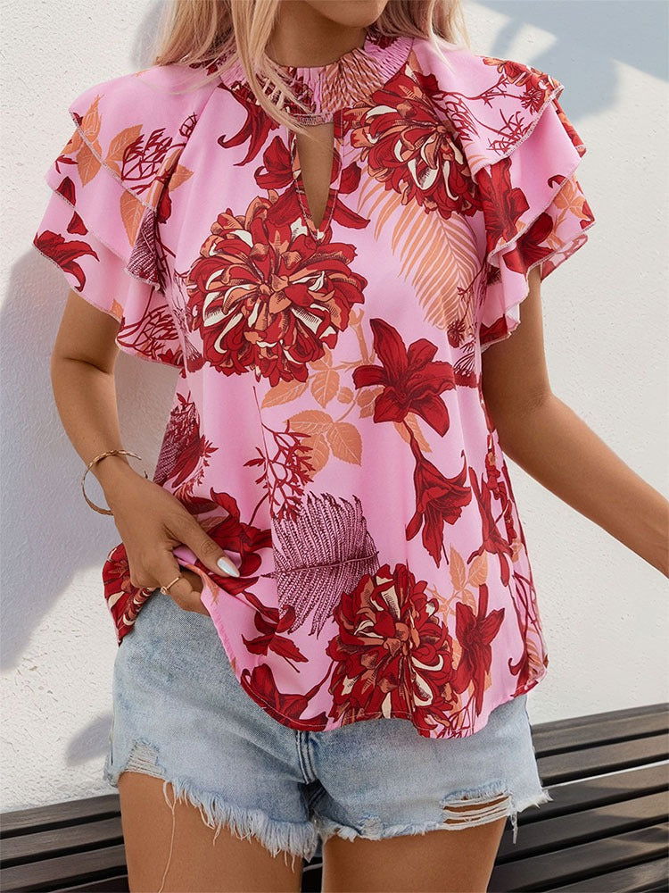 New European and American summer women's clothing lotus leaf layered sleeve printed shirt for women - CHRISTDEST GLOBAL SERVICE