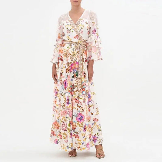 New women's Bohemian print trumpet-sleeve long dress Holiday lace-up apron with print slip skirt base - CHRISTDEST GLOBAL SERVICE