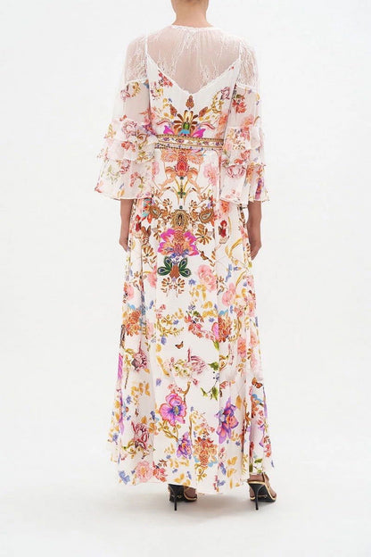 New women's Bohemian print trumpet-sleeve long dress Holiday lace-up apron with print slip skirt base - CHRISTDEST GLOBAL SERVICE