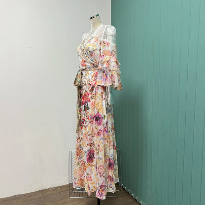 New women's Bohemian print trumpet-sleeve long dress Holiday lace-up apron with print slip skirt base - CHRISTDEST GLOBAL SERVICE