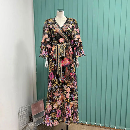 New women's Bohemian print trumpet-sleeve long dress Holiday lace-up apron with print slip skirt base - CHRISTDEST GLOBAL SERVICE