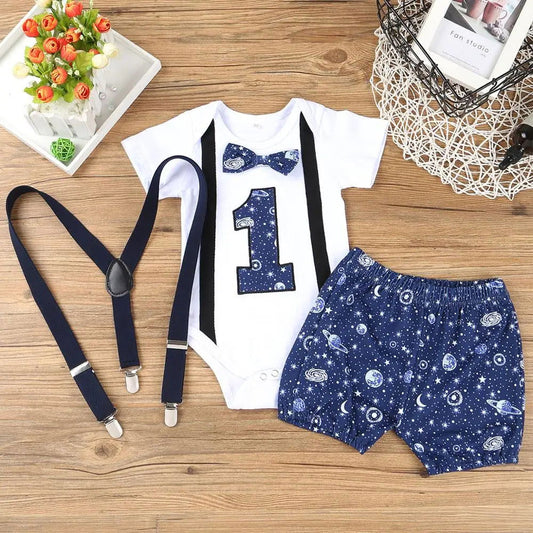 Newborn Baby Boys Gentleman Clothing Set Short Sleeve Letter Romper Tops Straps Shorts Outfits 1st Birthday Clothes for Babies - CHRISTDEST GLOBAL SERVICE