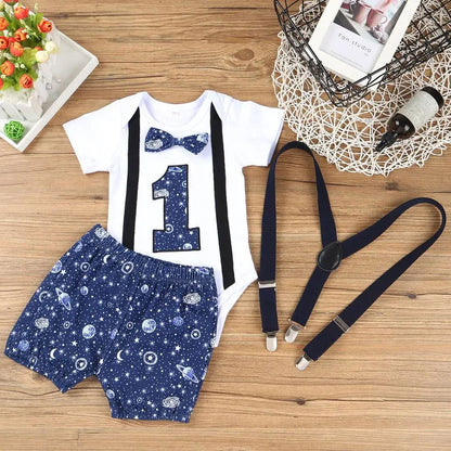 Newborn Baby Boys Gentleman Clothing Set Short Sleeve Letter Romper Tops Straps Shorts Outfits 1st Birthday Clothes for Babies - CHRISTDEST GLOBAL SERVICE