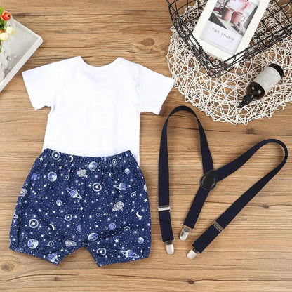 Newborn Baby Boys Gentleman Clothing Set Short Sleeve Letter Romper Tops Straps Shorts Outfits 1st Birthday Clothes for Babies - CHRISTDEST GLOBAL SERVICE