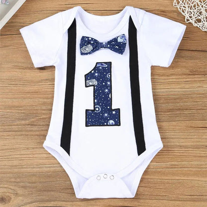Newborn Baby Boys Gentleman Clothing Set Short Sleeve Letter Romper Tops Straps Shorts Outfits 1st Birthday Clothes for Babies - CHRISTDEST GLOBAL SERVICE