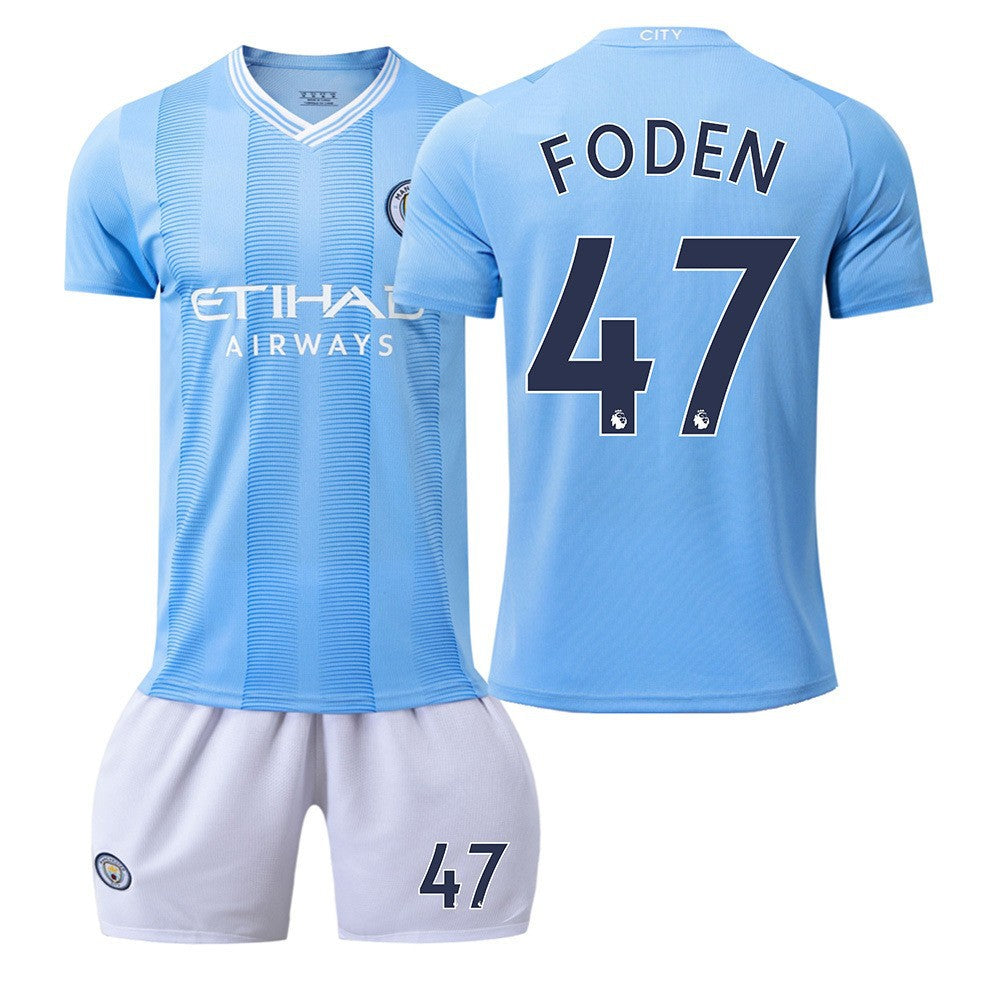 Summer Children's Football Suit Set Short Sleeve Men's Outdoor Adult Running Sports Quick Dry Manchester Jersey Women's Blue