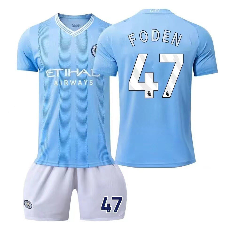 Summer Children's Football Suit Set Short Sleeve Men's Outdoor Adult Running Sports Quick Dry Manchester Jersey Women's Blue