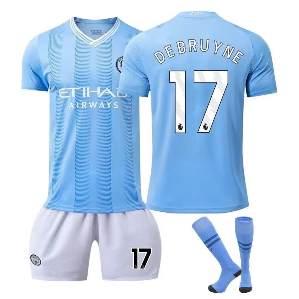 Summer Children's Football Suit Set Short Sleeve Men's Outdoor Adult Running Sports Quick Dry Manchester Jersey Women's Blue