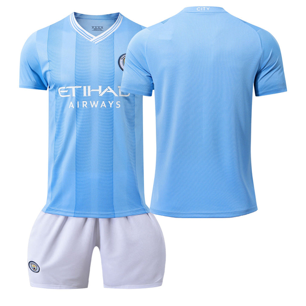 Summer Children's Football Suit Set Short Sleeve Men's Outdoor Adult Running Sports Quick Dry Manchester Jersey Women's Blue